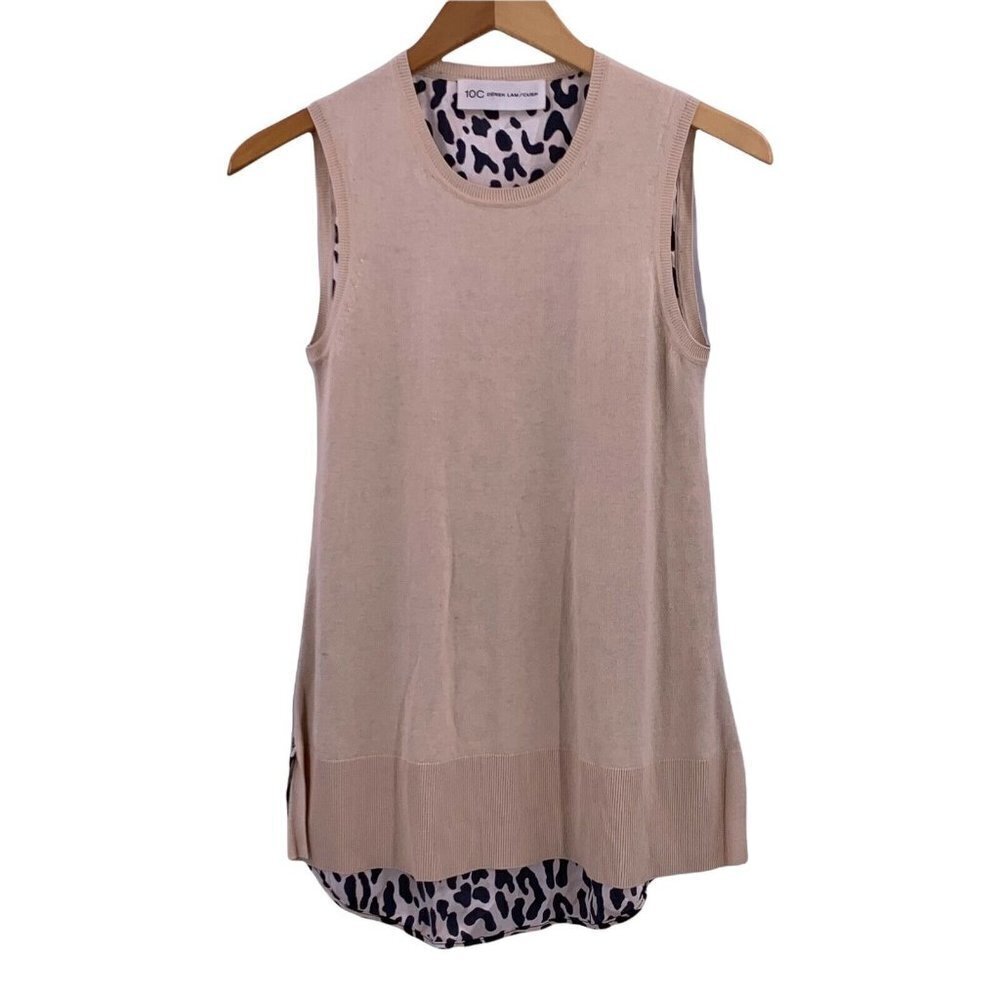 10C Derek Lam Beige Cashmere Blend Leopard Silk Back Sleeveless Sweater Size XS